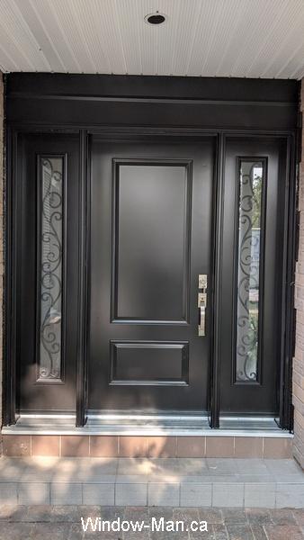 Black door. Solid core door. Embossed panels. Sidelight full glass